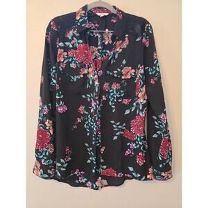 Candie’s Floral Button Up Blouse Lace Shoulder Black Top Size Medium